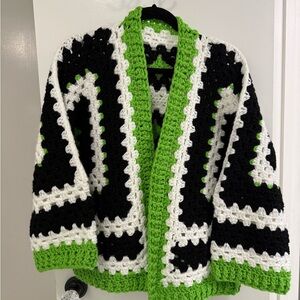 Handmade Crochet Cardigan in Black, White, and Green